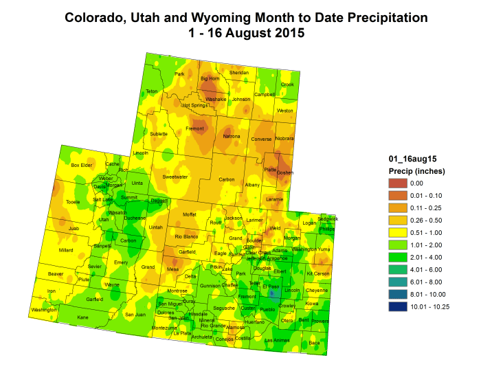 Upper Colorado River Basin precipitation August 1 -- 25, 2015