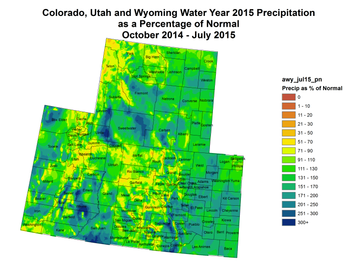 Upper Colorado River Basin precipitation as a percent of normal Federal water year 2015 thru July 31, 2015