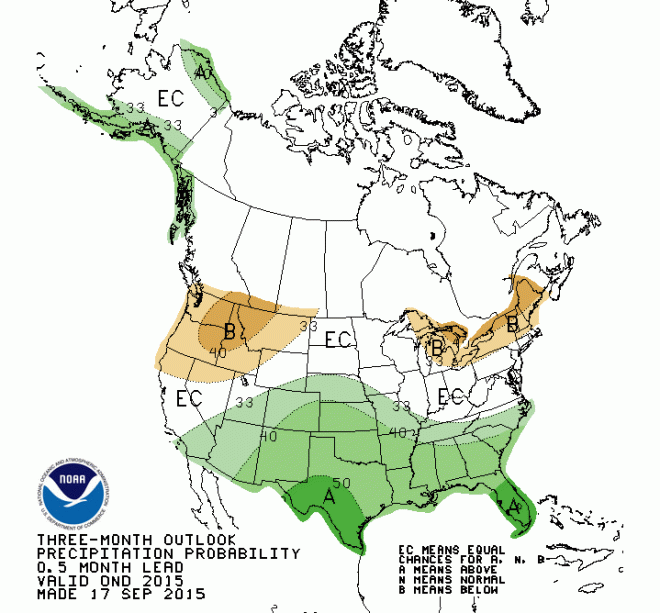 Precipitation outlook for October through December 2015 via the Climate Prediction Center