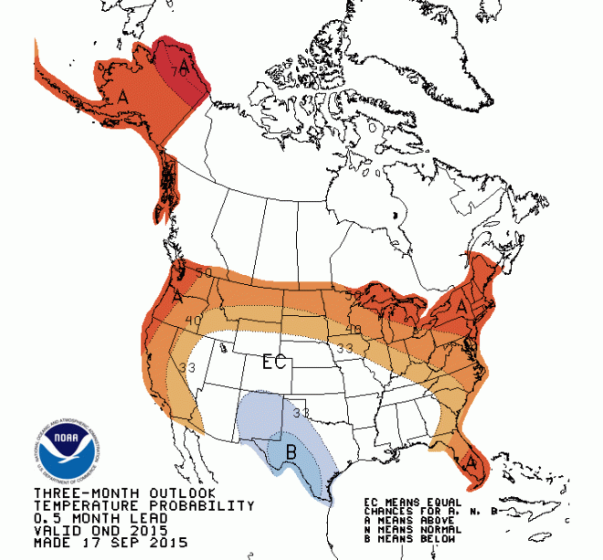 Temperature outlook for October through December 2015 via the Climate Prediction Center