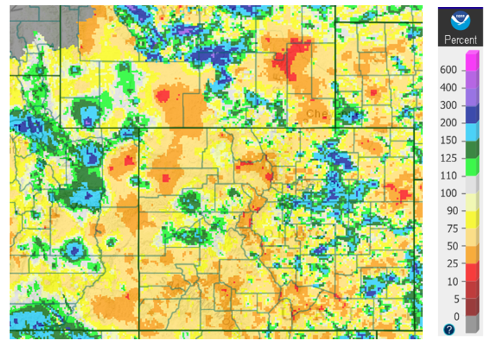 Colorado and portions of Wyoming and Utah precipitation as a percent of average August 2015