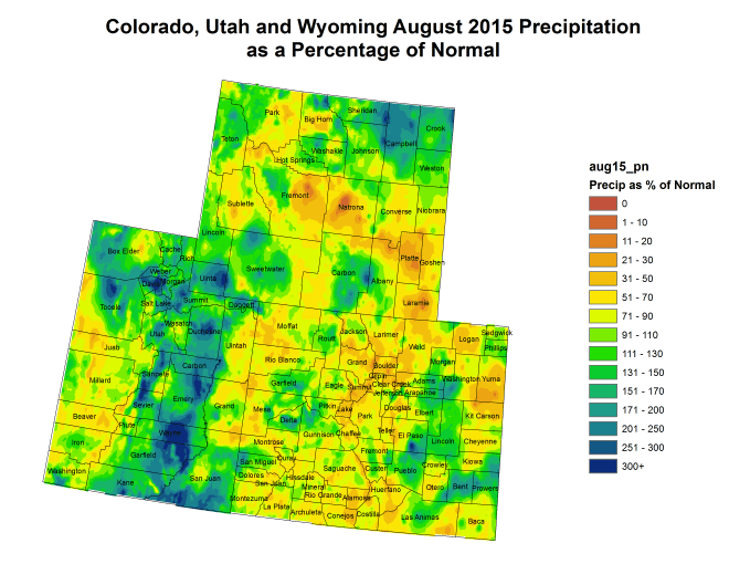 Upper Colorado River Basin August 2015 precipitation as a percent of normal