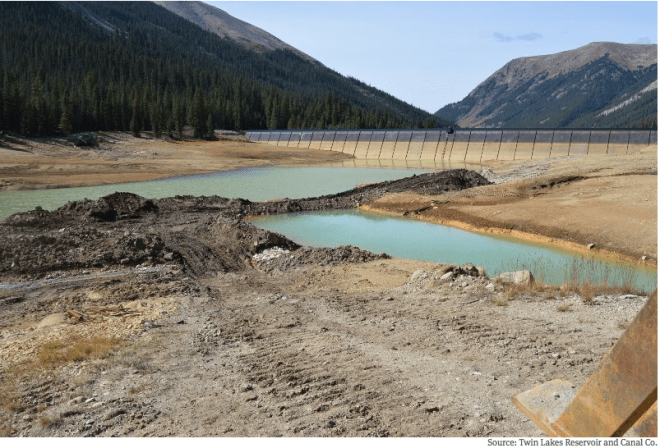 A recent photo of the water behind the Lincoln Gulch Diversion Dam on Lincoln Creek that forms Grizzly Reservoir. Repairs to the outlet gate were completed on Oct. 6 without having to drain the standing water at the bottom of the reservoir.