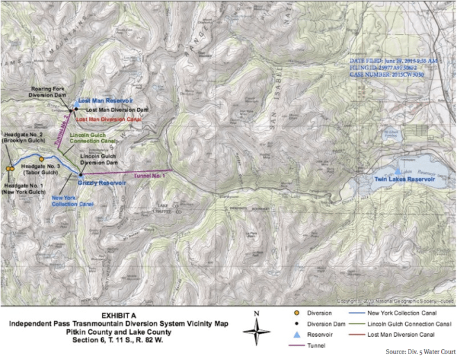 A map of the Independence Pass Transmountain Diversion System, as submitted to Div. 5 Water Court by Twin Lakes Reservoir and Canal Co.