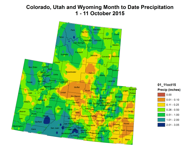 Upper Colorado River Basin month to date precipitation October 1 through October 12, 2015 via the Colorado Climate Center