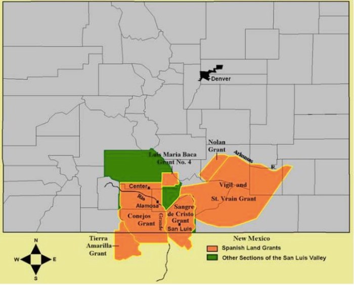 Fig. 2. Mexican Land Grants in Colorado and New Mexico. The Baumann map depicted here mislabels these Mexican land grants as “Spanish”. Source: Paul R. Baumann 2001. SUNY-Oneonta.
