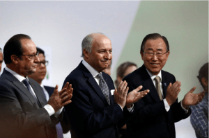 From left, President François Hollande of France; Laurent Fabius, the French foreign minister; and United Nations Secretary General Ban Ki-moon during the climate change conference on Saturday in Le Bourget, near Paris. (Credit Francois Mori/Associated Press)