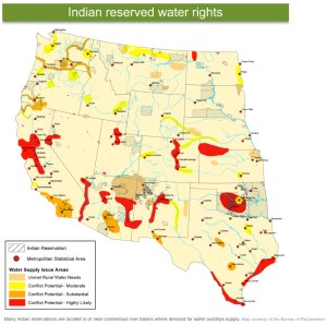 Many Indian reservations are located in or near contentious river basins where demand for water outstrips supply. Map courtesy of the Bureau of Reclamation.