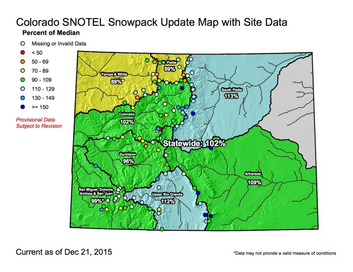 Statewide snowpack map December 21, 2015 via the NRCS