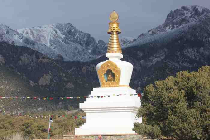 A Buddhist stupa is located on the Baca Ranch, about two miles from Crestone, with the Sangre de Cristo peaks in the background. Photo/Allen Best