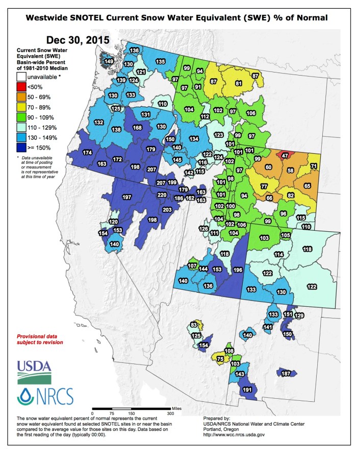 Westwide snowpack map December 30, 2015 via the NRCS
