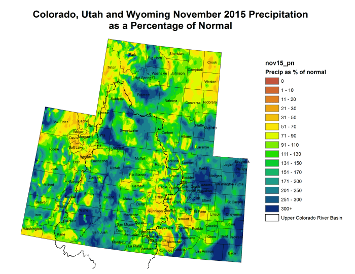 Upper Colorado River Basin November 2015 precipitation as a percent of normal via the Colorado Climate Center