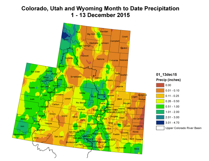 Upper Colorado River Basin month to date precipitation through December 13, 2015 via the Colorado Climate Center