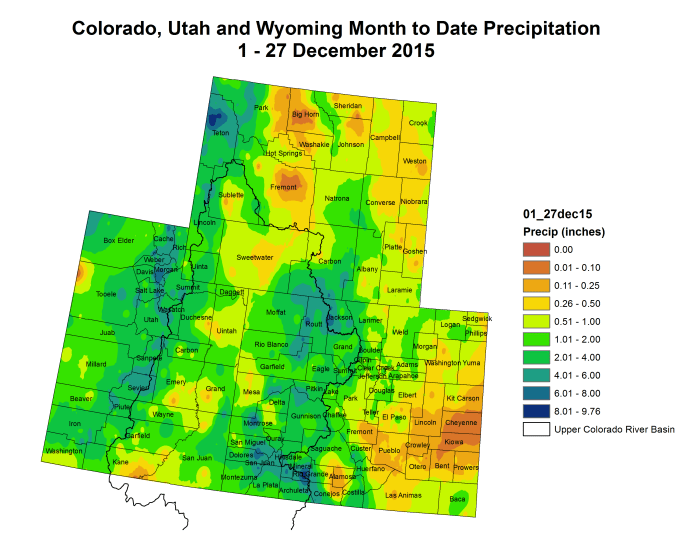Upper Colorado River Basin month to date precipitation December 1 through December 27, 2015