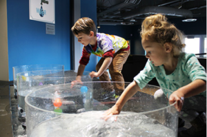 Kids play in water vortices. Exhibit features also include a rainstorm and thunder-maker; water tower; waterwheel; geysers; a larger than-life toilet; and river system.
