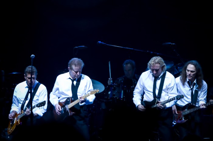 Eagles (left to right): Glenn Frey, Don Henley, Joe Walsh and Timothy B. Schmit during their Long Road Out of Eden Tour via Wikipedia