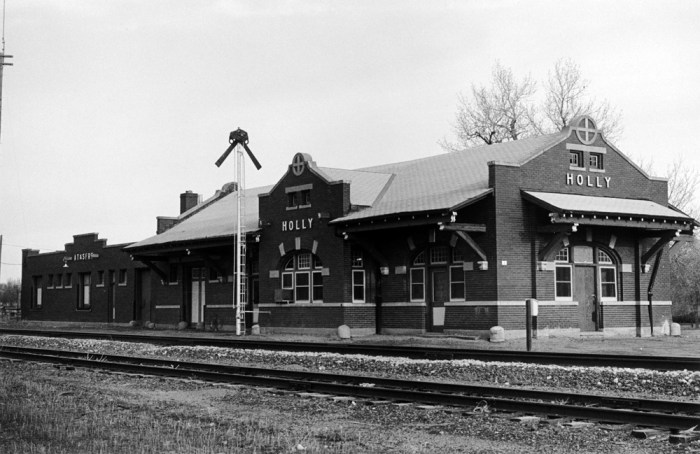 The Holly depot remained in operation for about seventy years, from 1912 until freight service ended in the early 1980s. The building now houses the town hall and library. Photo via Colorado Encyclopedia and Tom Noel