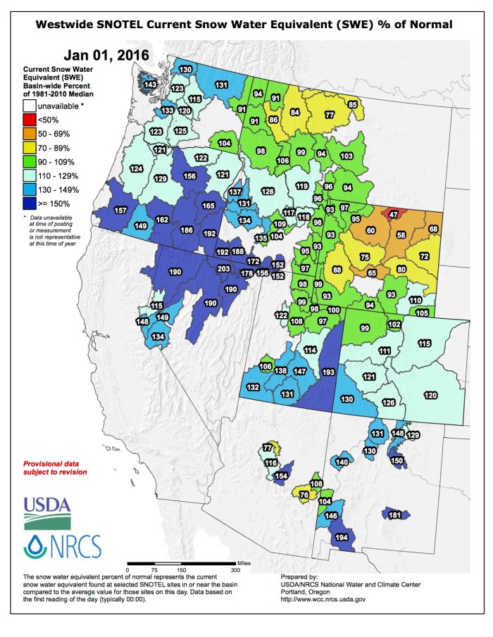 Westwide snowpack map January 1, 2015 via the NRCS