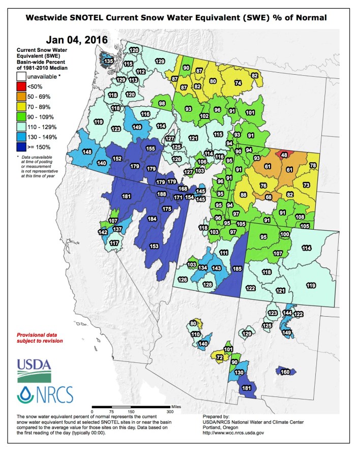 Westwide SNOTEL January 4, 2016