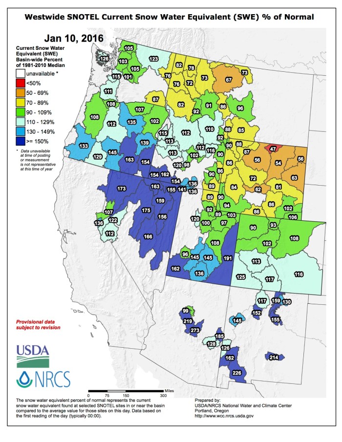 Westwide SNOTEL January 10, 2016 via the NRCS