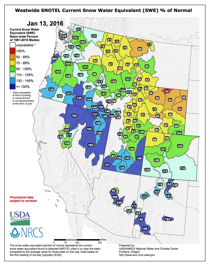 Westwide SNOTEL January 13, 2016 via the NRCS