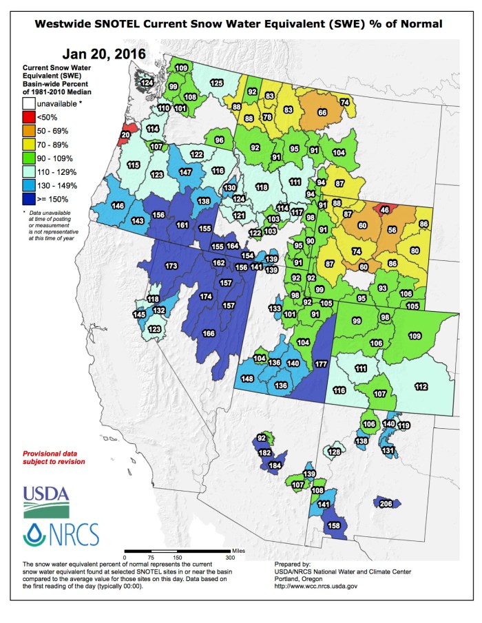 Westwide SNOTEL January 20, 2016 via the NRCS.