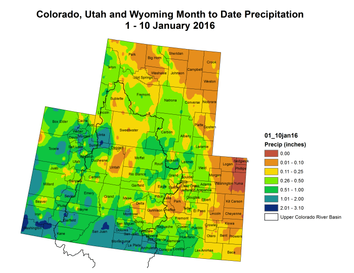 Upper Colorado River Basin month to date precipitation January 1 through January 14, 2016