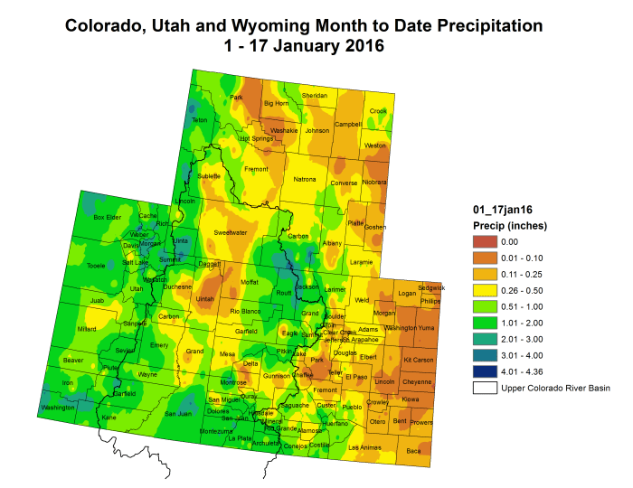 Upper Colorado River Basin month to date precipitation through January 17, 2016 via the Colorado Climate Center.