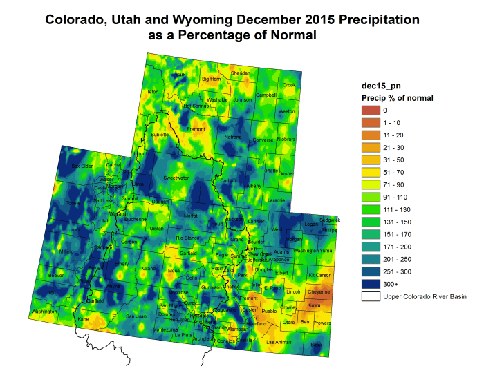 Upper Colorado River Basin December 2015 precipitation as a percent of normal via the Colorado Climate Center.