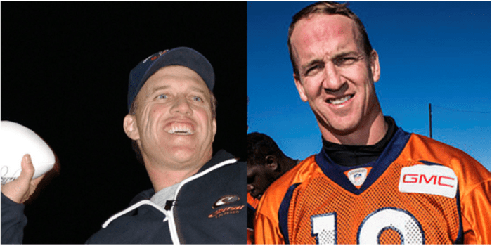 Denver Broncos quarterbacks John Elway (left) and Peyton Manning (right). Images from Wikipedia.