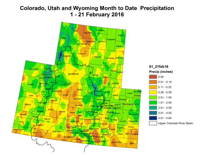 Month to date precipitation February 1 through February 21, 2016 via the Colorado Climate Center.