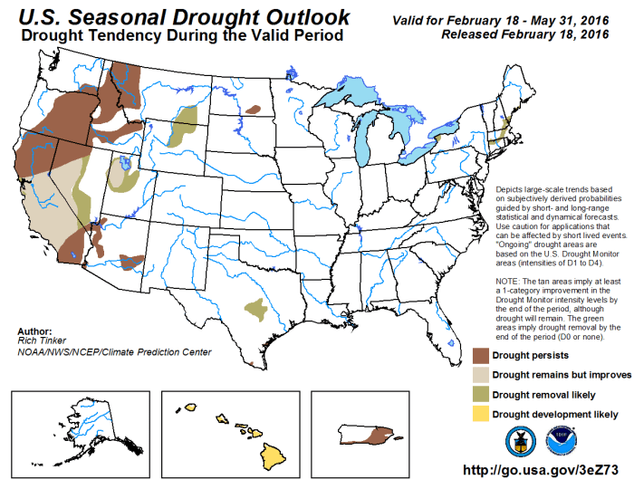 Seasonal drought outlook through May 31, 2016 via the Climate Prediction Center.