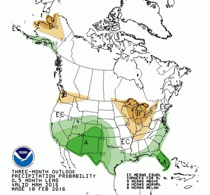 Three month precipitation outlook through May 31, 2016 via the Climate Prediction Center.