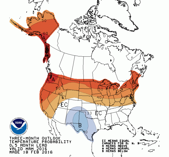 Three month temperature outlook through May 31, 2016.
