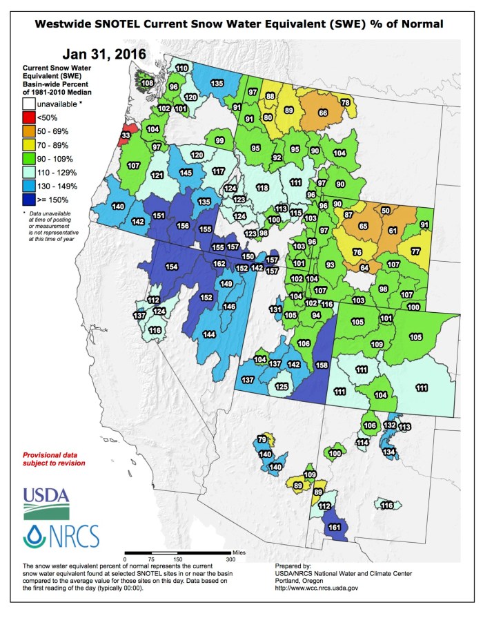 Westwide SNOTEL January 31, 2016 via the NRCS