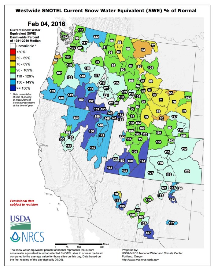 Westwide SNOTEL Feburary 4, 2016 via the NRCS.