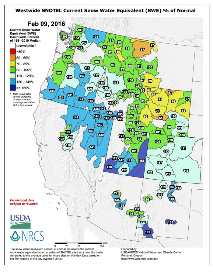 Westwide SNOTEL February 9, 2016 via the NRCS.