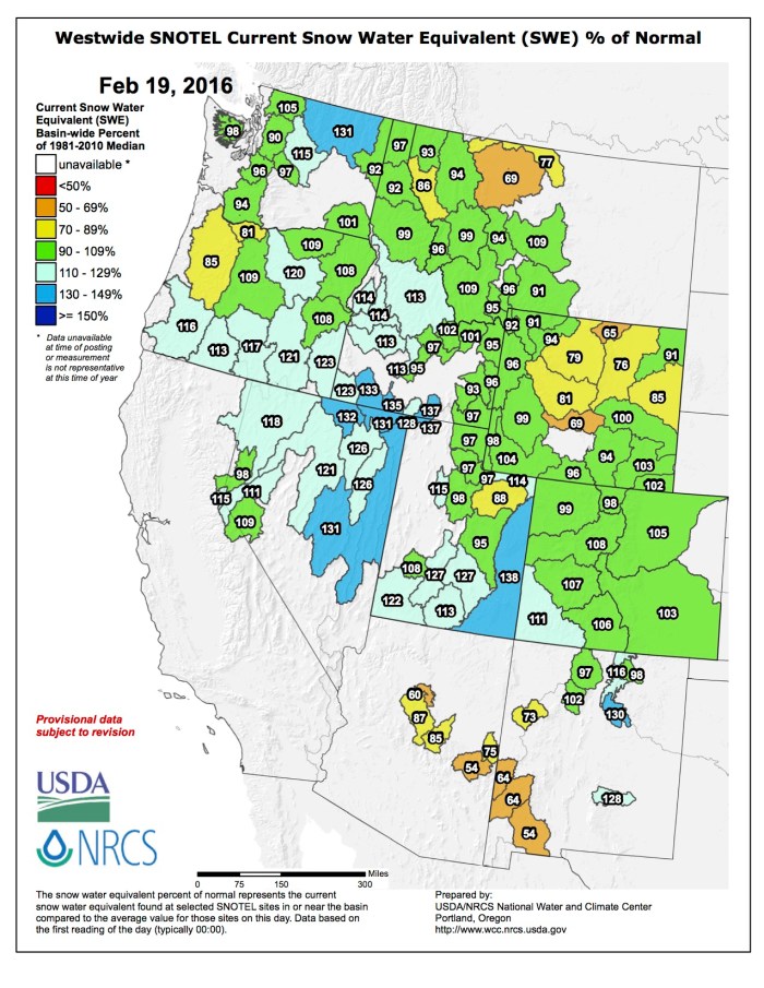 Westwide SNOTEL February 19, 2016 via the NRCS,