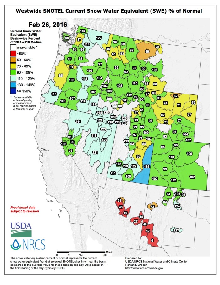 Westwide SNOTEL map February 26, 2016 via the NRCS.