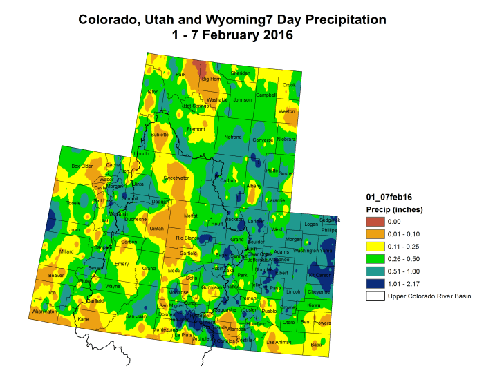 Upper Colorado River Basin precipitation February 1 through February 7, 2016 via the Colorado Climate Center.