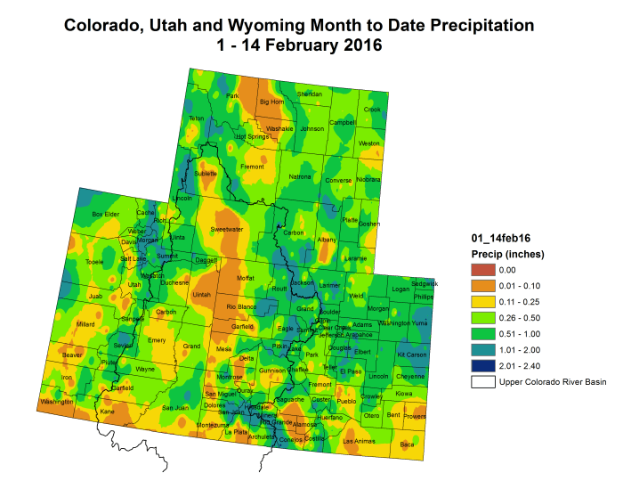 Upper Colorado River Basin month to date precipitation  February 1 through 14, 2016.