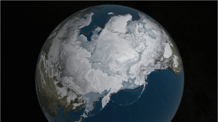 Arctic sea ice was at a record low wintertime maximum extent for the second straight year. At 5.607 million square miles, it is the lowest maximum extent in the satellite record, and 431,000 square miles below the 1981 to 2010 average maximum extent. Credits: NASA Goddard's Scientific Visualization Studio/C. Starr