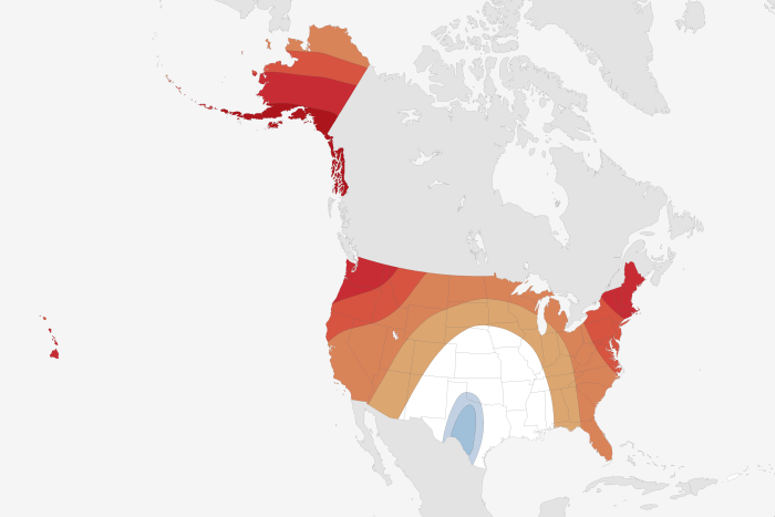 National temperature outlook for April-June 2016. Large version shows Alaska, Hawaii, and Puerto Rico. Colors indicate the probability of above- or below-average temperature, not how far above or blow average the temperature is likely to be. White indicates equal chances for any outcome—above-, below-, or near-normal temperature—not a prediction of "normal" conditions. Map by NOAA Climate.gov, based on data from the Climate Prediction Center.