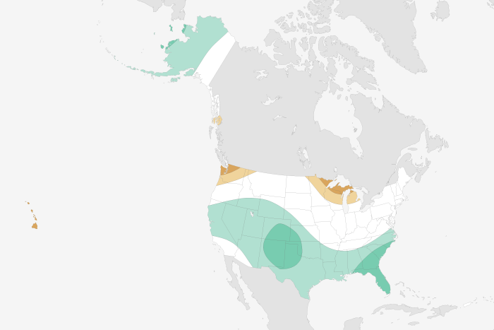 National precipitation outlook for April-June 2016. Large version shows Alaska, Hawaii, and Puerto Rico. Colors indicate the probability of above- or below-average precipitation, not how far above or blow average the precipitation is likely to be. White indicates equal chances for any outcome—above-, below-, or near-normal precipitation—not a prediction of "normal" conditions. Map by NOAA Climate.gov, based on data from the Climate Prediction Center.