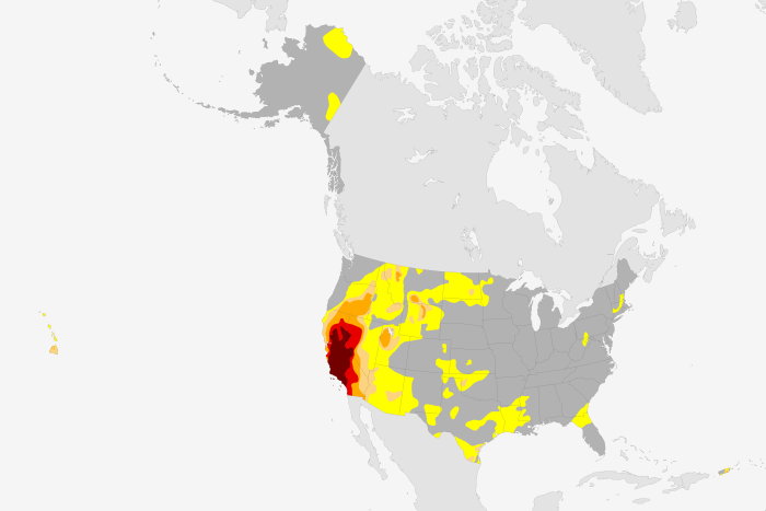 Drought conditions as of March 8, 2016. Large version shows Alaska, Hawaii, and Puerto RIco. Map by NOAA Climate.gov, based on data from the Drought Monitor project.