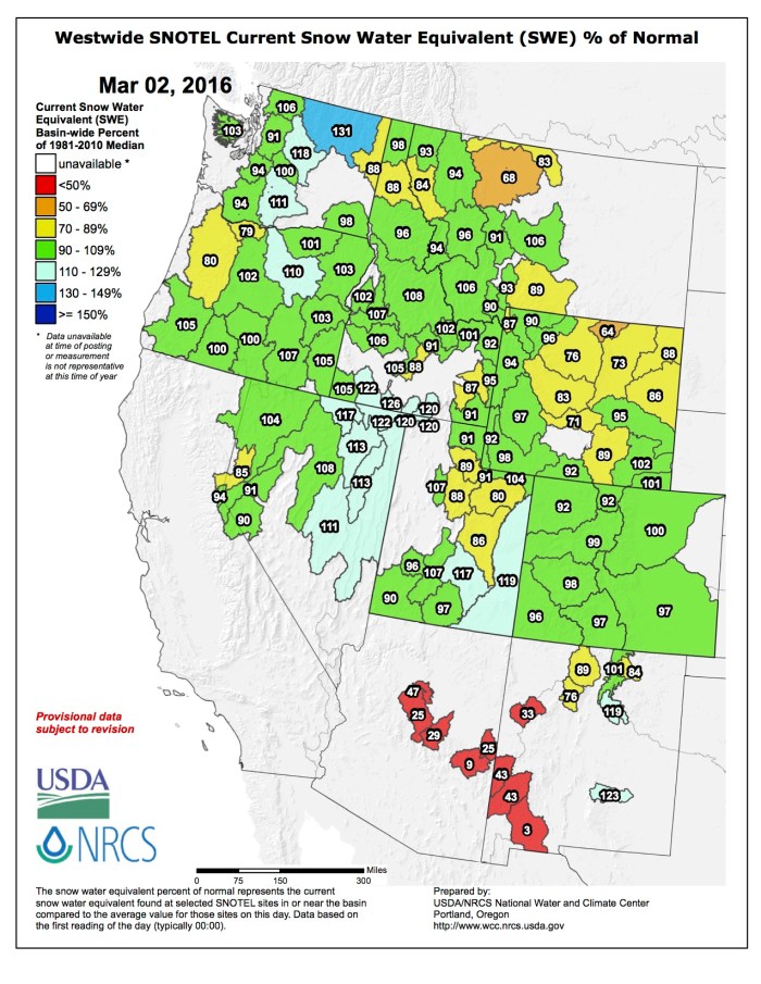Westwide SNOTEL map March 2, 2016 via the NRCS.