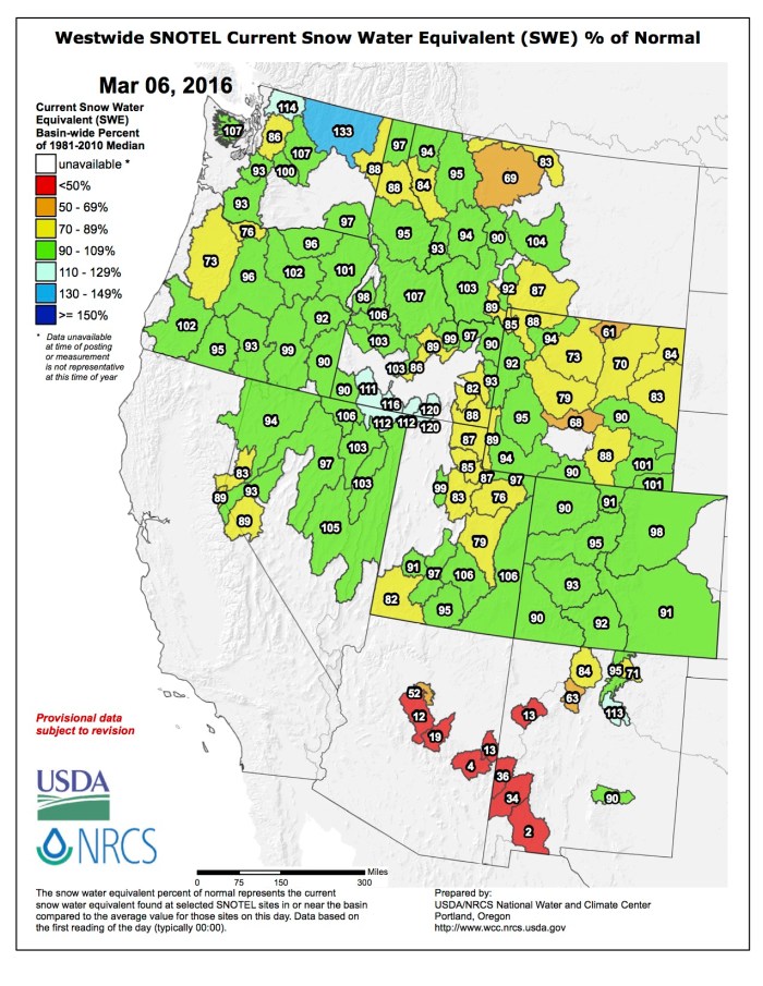 Westwide SNOTEL map March 6, 2016 via the NRCS.