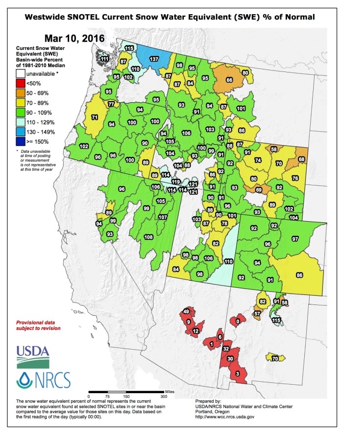 Westwide SNOTEL March 10, 2016 via the NRCS