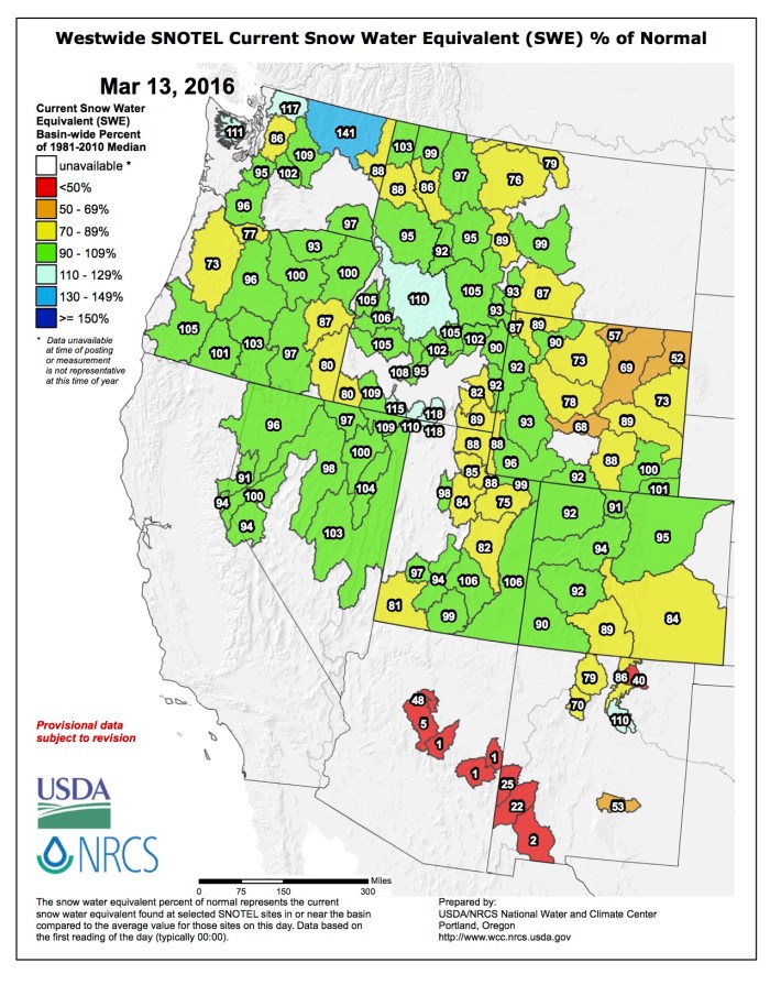 Westwide SNOTEL map March 13, 2016 via the NRCS.