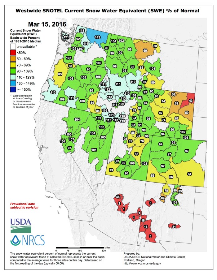 Westwide SNOTEL map March 15, 2016 via the NRCS.